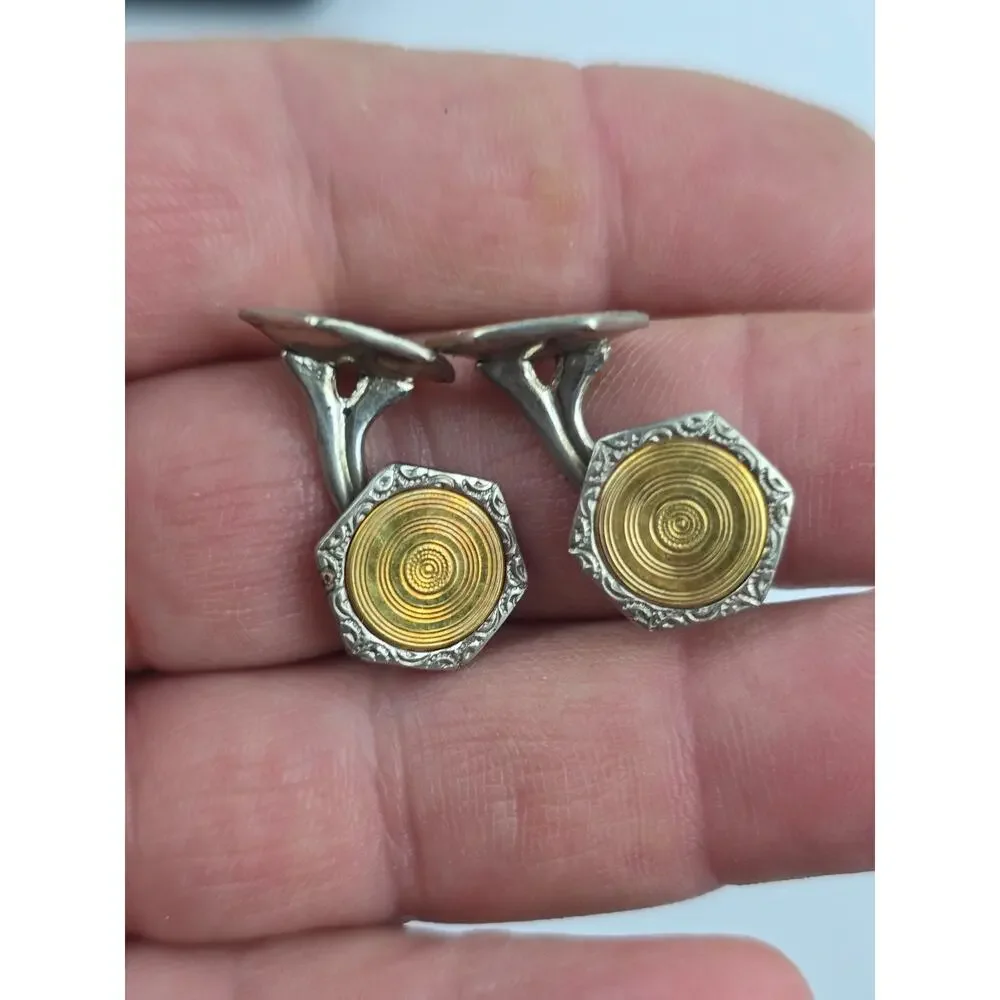 Antique Men's Silver & Gold tone Textured Cufflinks in Clamshell box